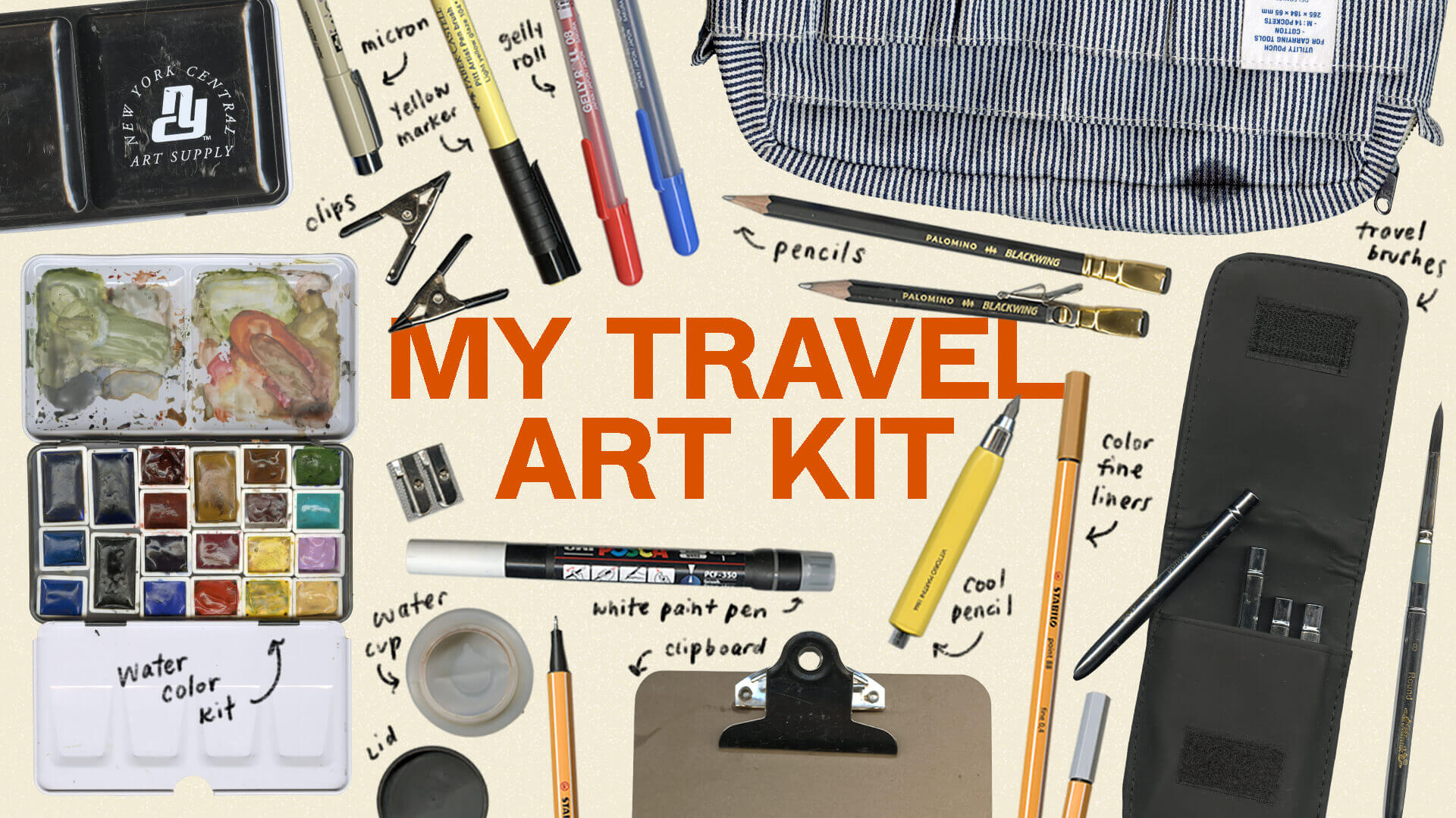 Travel Art Kit My Travel Art Kit, image that lays out all of the materials in the travel art kit including pens, pencils, clips, watercolor pants, etc.